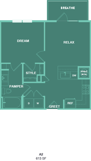 A floor plan of a house with labeled rooms such as "BREATHE", "DREAM", and "RELAX".